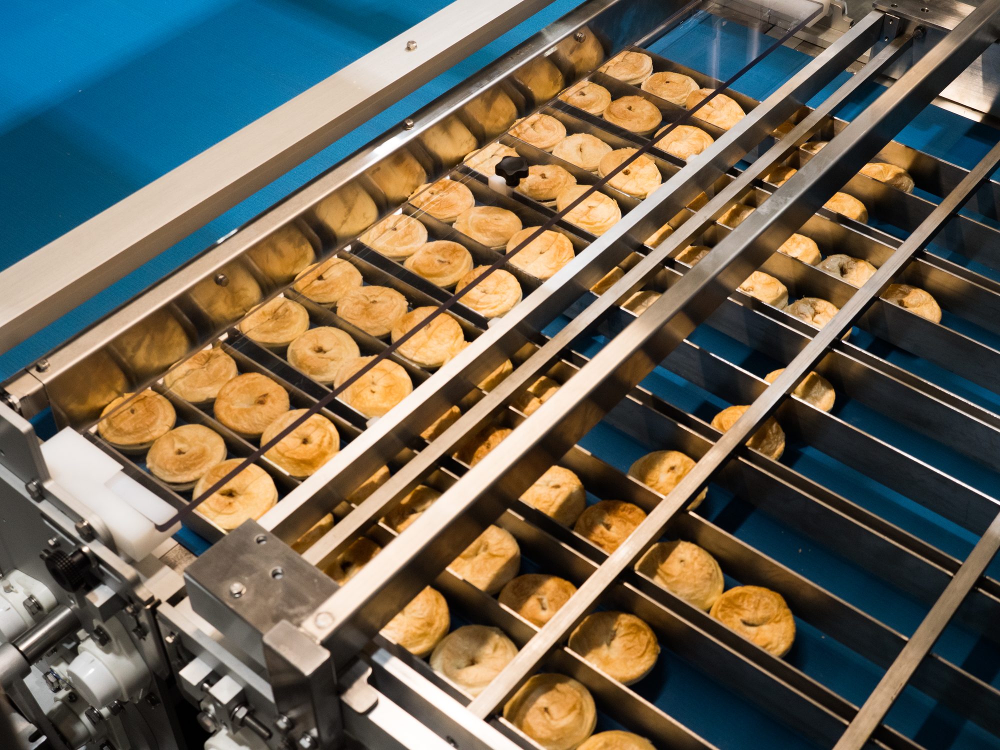 Pies held in lanes before they are placed into trays