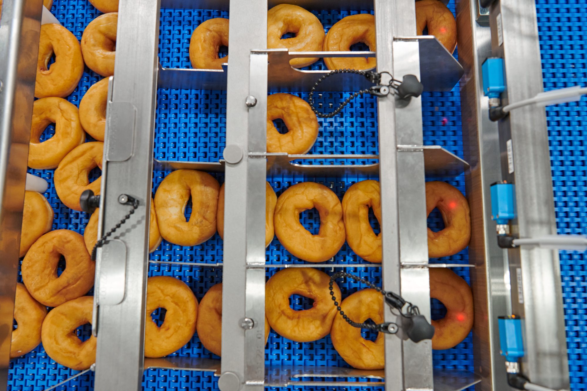 Lanes of donuts seen from above, held at the gate
