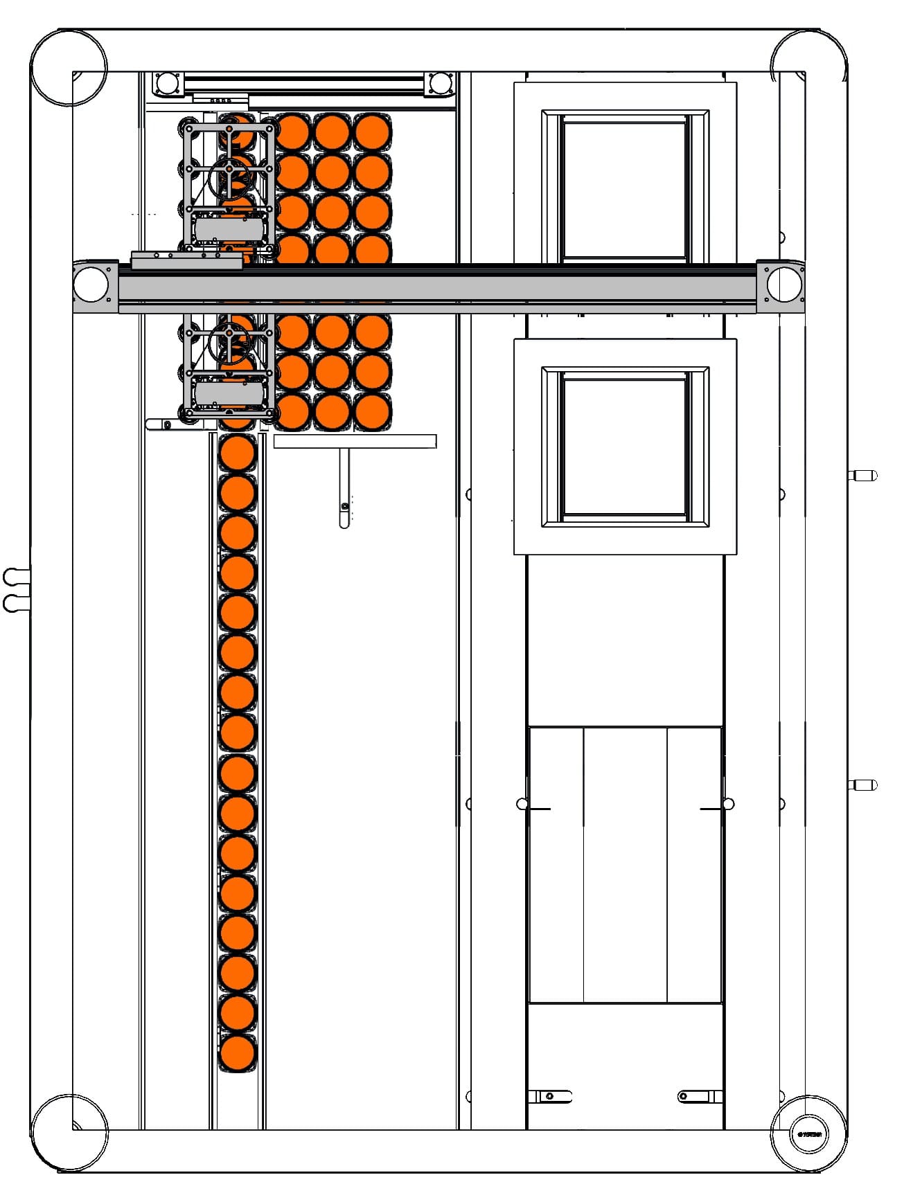 TCP-6D twin head case packer, top view layout